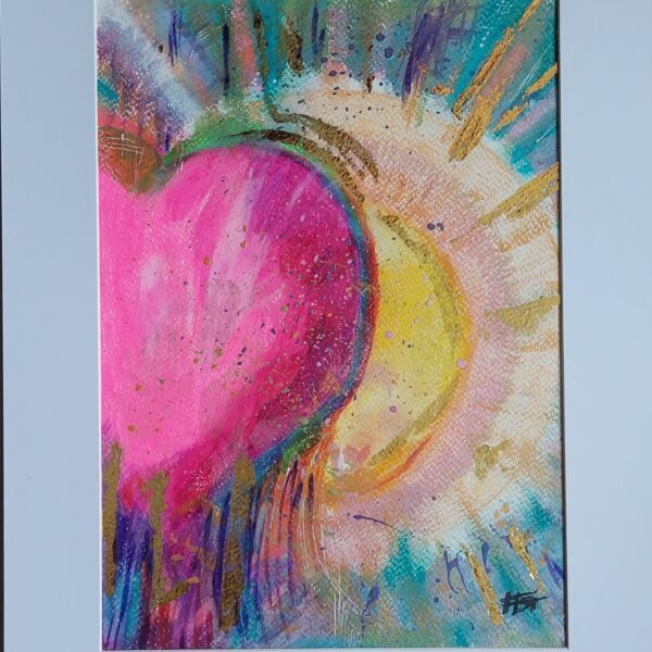 Cosmic Heart, pink blue colors, golden flakes