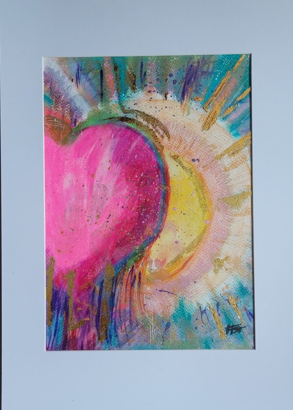 Cosmic Heart, pink blue colors, golden flakes